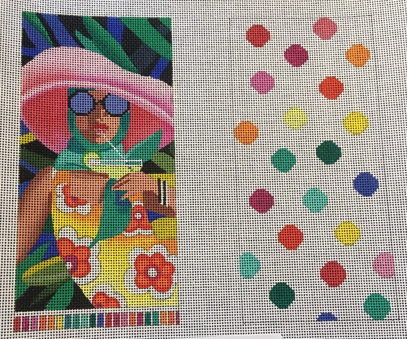 Colors of Praise needlepoint canvas for a double-sided eyeglass case with a woman lounging drinking a cocktail in the tropics with sunglasses on one side and brightly colored polka dots on the other