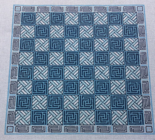 KCN Designers needlepoint canvas of a blue and white geometric chess or checkers board