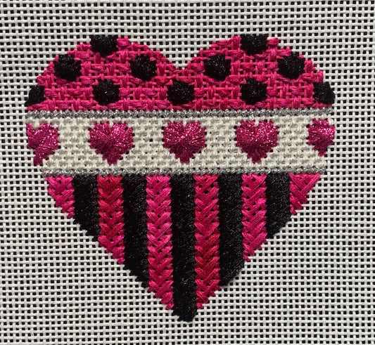 Heart needlepoint canvas with stripes and polka dots in pink and black