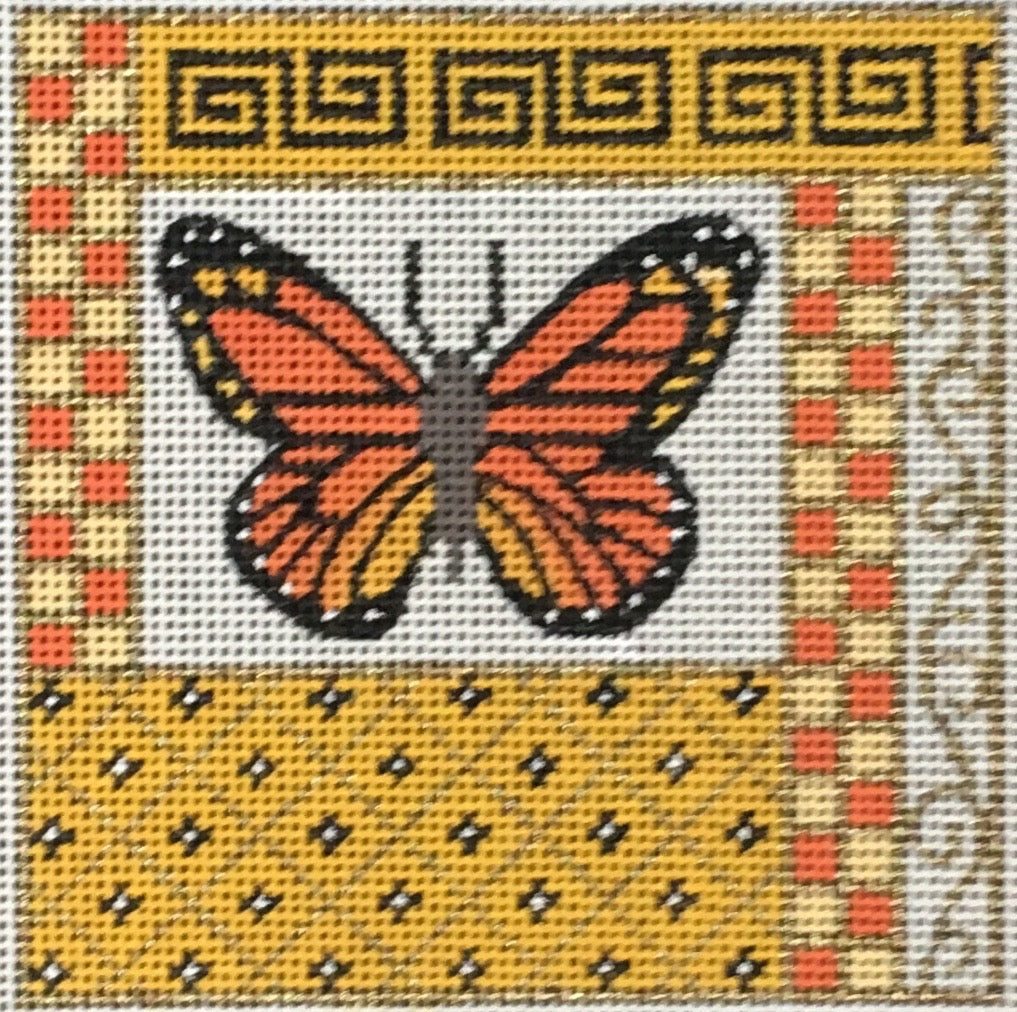 Vallerie Needlepoint Gallery square needlepoint canvas of a monarch butterfly with orange geometric border