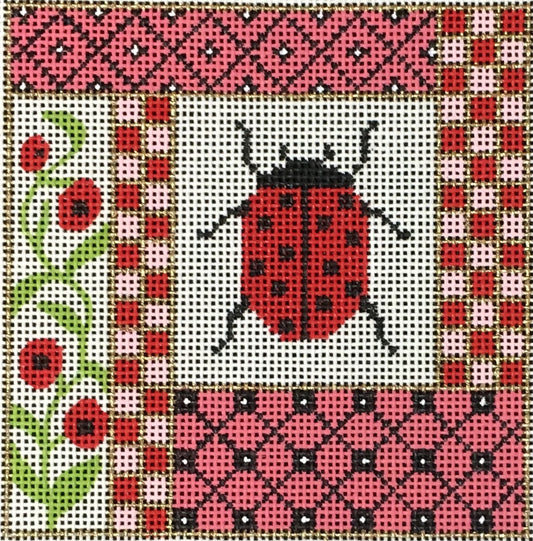 Amanda Lawford square needlepoint canvas of a ladybug with geometric trim