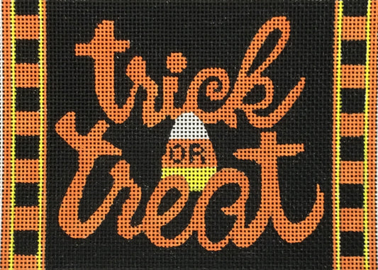 Amanda Lawford Halloween needlepoint canvas with the phrase "trick or treat" and candy corn with checkered border in orange and black