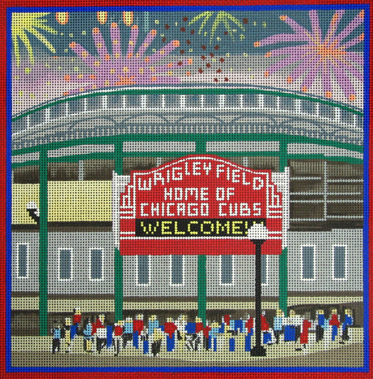 Amanda Lawford needlepoint canvas of the Wrigley Field baseball stadium that is home to the Chicago Cubs MLB team