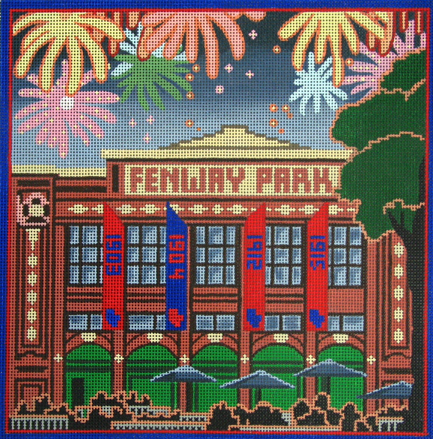 Amanda Lawford needlepoint canvas of the Fenway Park baseball stadium, home of the Boston Red Sox MLB team - complete with World Series banners and fireworks