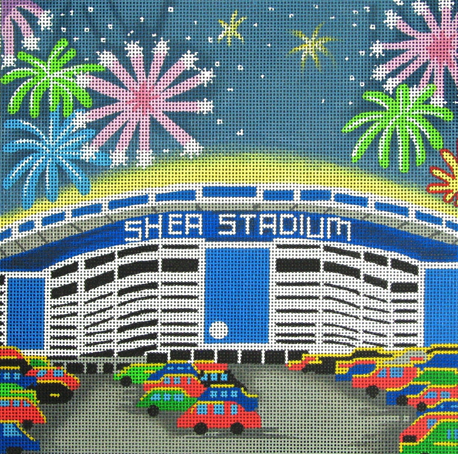 Amanda Lawford needlepoint canvas of the Shea Stadium baseball stadium home of the New York Mets MLB team