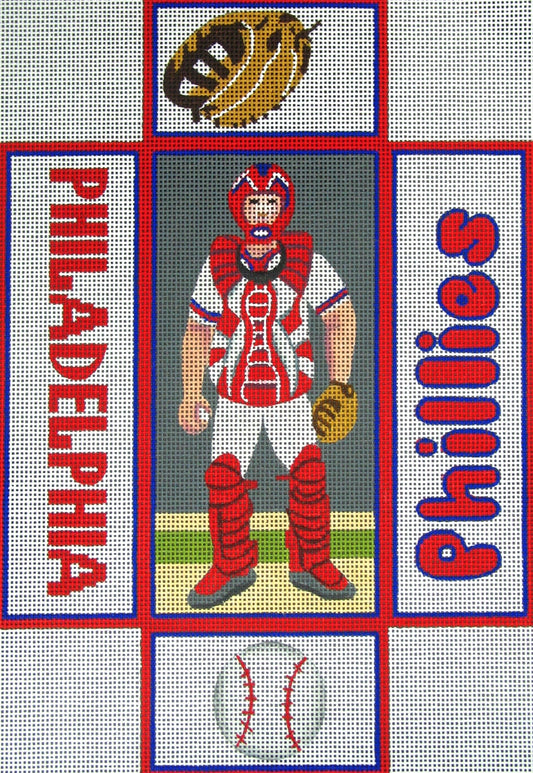 Amanda Lawford needlepoint canvas brick cover of a Philadelphia Phillies catcher with a baseball and mitt on the sides