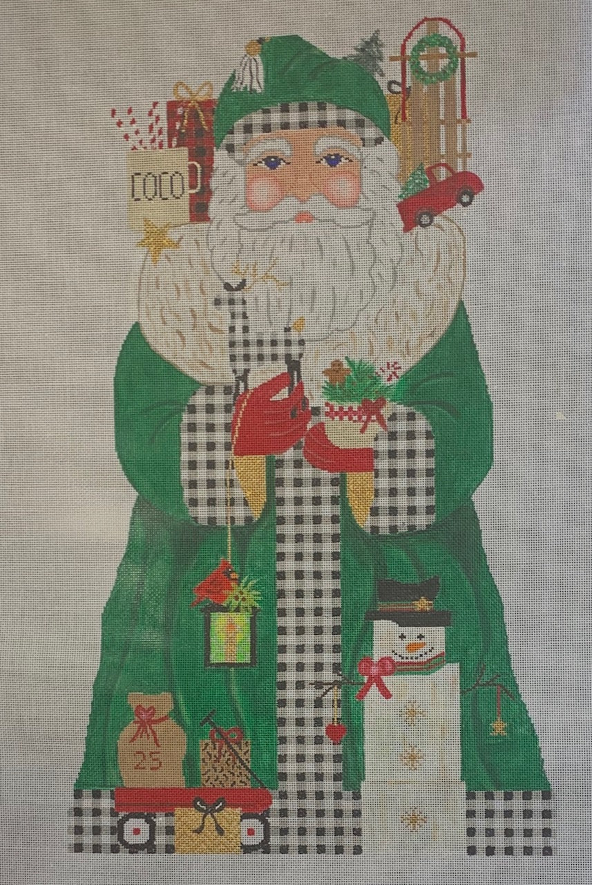 Vallerie Needlepoint Gallery needlepoint canvas of a Christmas standup santa with gingham trim and rustic style