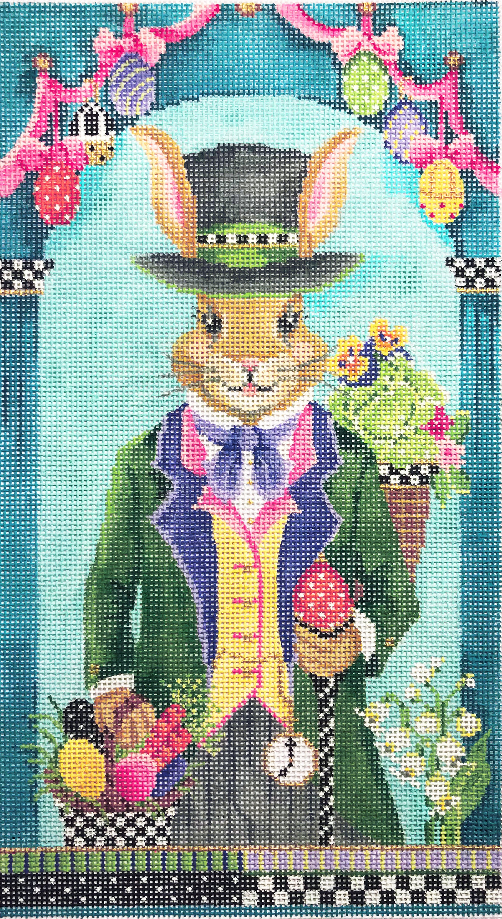 Kelly Clark needlepoint canvas of a rabbit dressed in a three piece suit with a top hat surrounded by an archway with easter eggs