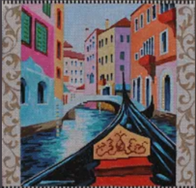 Colors of Praise needlepoint canvas of a gondola in the iconic canals of Venice with brightly colored houses and a scrolled gold border