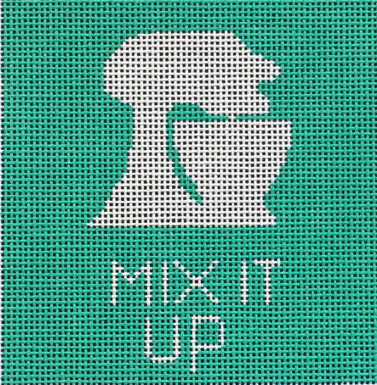 Vallerie Needlepoint Gallery needlepoint canvas of a stand mixer with the pun phrase "mix it up" designed to be a coaster - the perfect punny gift!