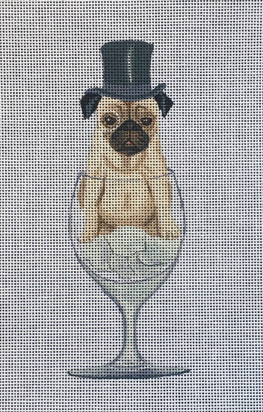 Fab Funky whimsical needlepoint canvas of a pug dog wearing a top hat sitting in a wine glass