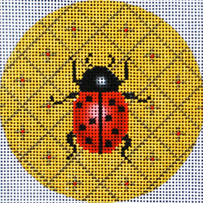 Amanda Lawford needlepoint canvas of a ladybug on a yellow geometric background