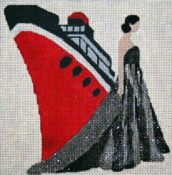 Melissa Prince needlepoint canvas of a woman in a ballgown and a large red ship