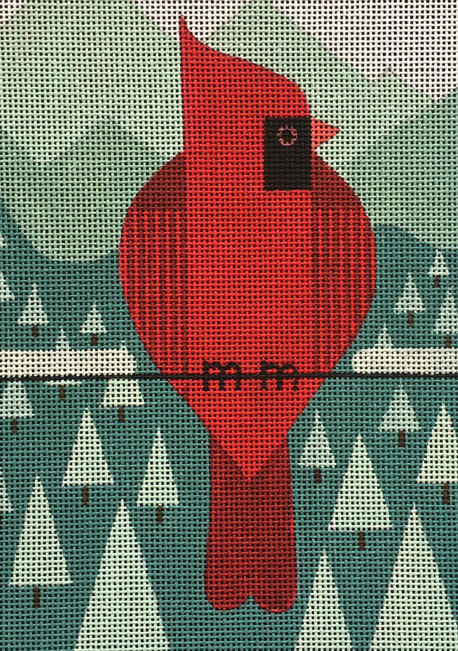 Scott Partridge geometric cardinal on a wire with winter pine tree background needlepoint canvas