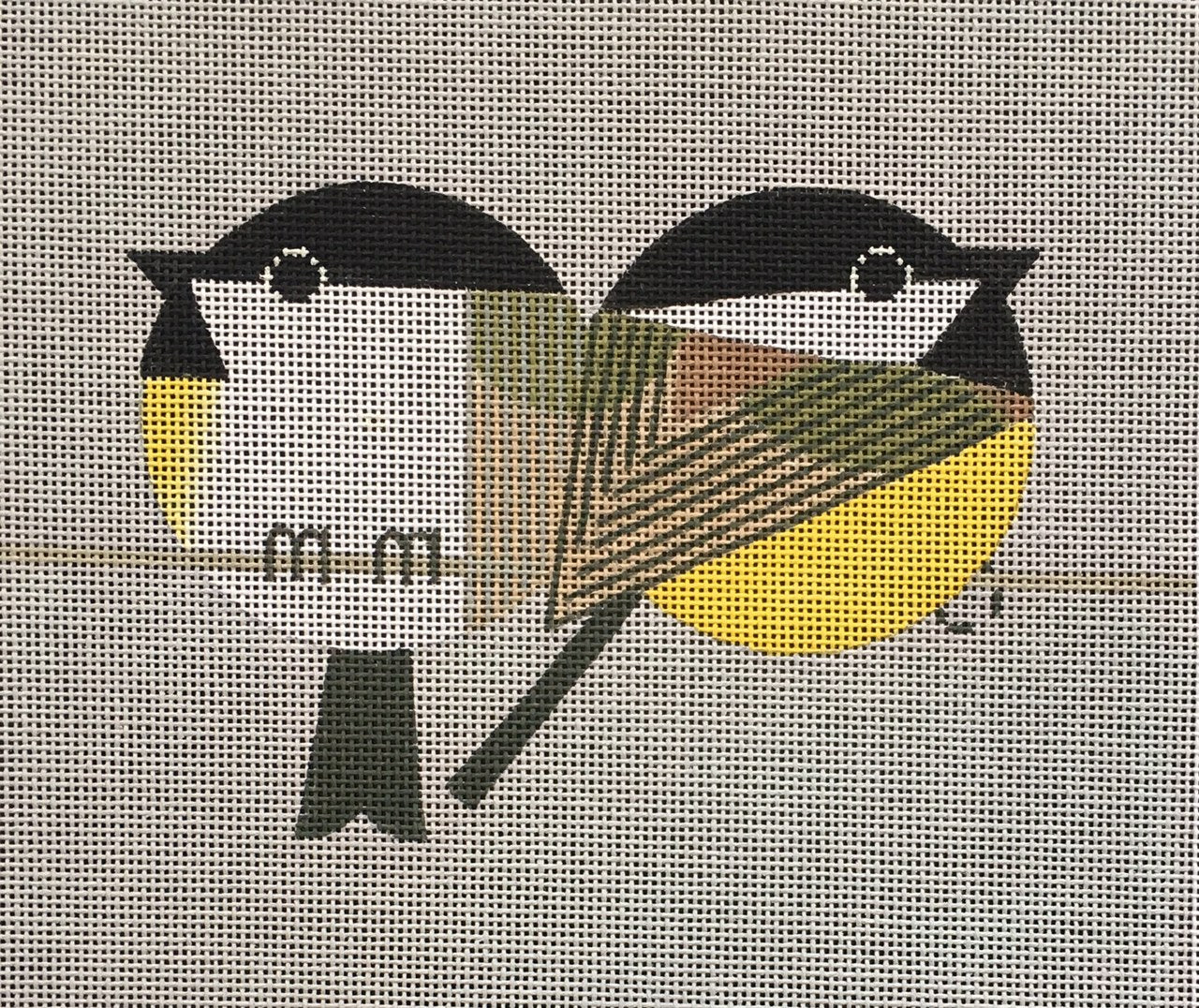 Scott Partridge geometric circular chickadee birds on a wire needlepoint canvas