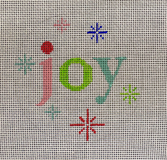 Vallerie Needlepoint Gallery bright winter and Christmas round needlepoint canvas of the word "joy" with snowflakes in vibrant colors