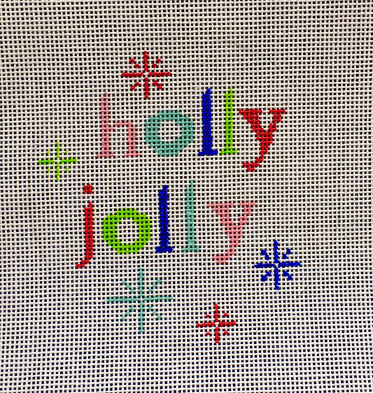 Vallerie Needlepoint Gallery bright winter and Christmas round needlepoint canvas of the phrase "holly jolly" with snowflakes in vibrant colors