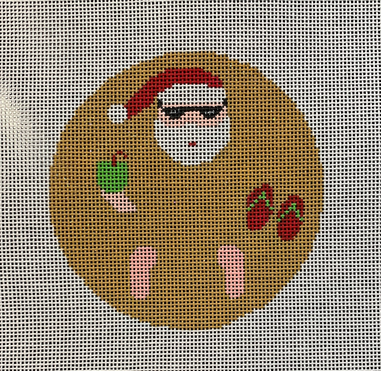 Vallerie Needlepoint Gallery whimsical round Christmas ornament needlepoint canvas of Santa buried in the sand with flip flops