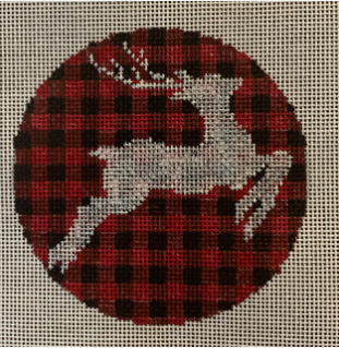 Vallerie Needlepoint Gallery needlepoint canvas round of a silver reindeer silhouette on a classic red and black buffalo check plaid background