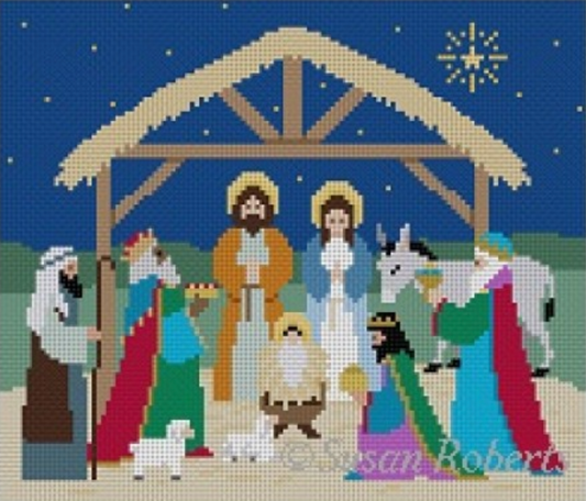 Susan Roberts Christmas needlepoint canvas of a traditional nativity scene with shepherds, the three kings, Mary, Jesus, and Joseph in a stable with the star