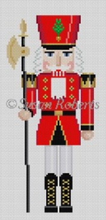 Susan Roberts Needlepoint canvas of a traditional style nutcracker soldier wearing a red uniform