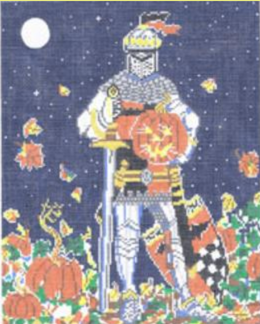 Cooper Oaks needlepoint canvas of a knight in shining armor holding a jackolantern in a pumpkin patch at night under a full moon in the fall