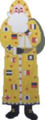 Cooper Oaks needlepoint canvas of a Santa wearing a yellow coat with NATO nautical signal flags on it and holding a sailboat