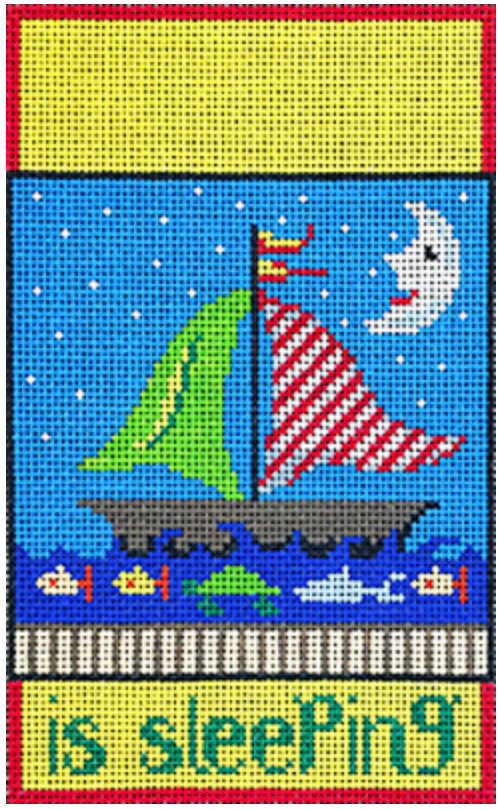 Patti Mann needlepoint canvas for a baby sleeping sign with a sailboat in the nighttime with a crescent moon. The top of the sign is blank so it can be personalized with a name