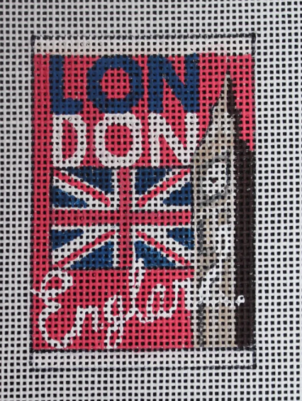 Colors of Praise luggage tag needlepoint canvas of London England with the union jack and Big Ben