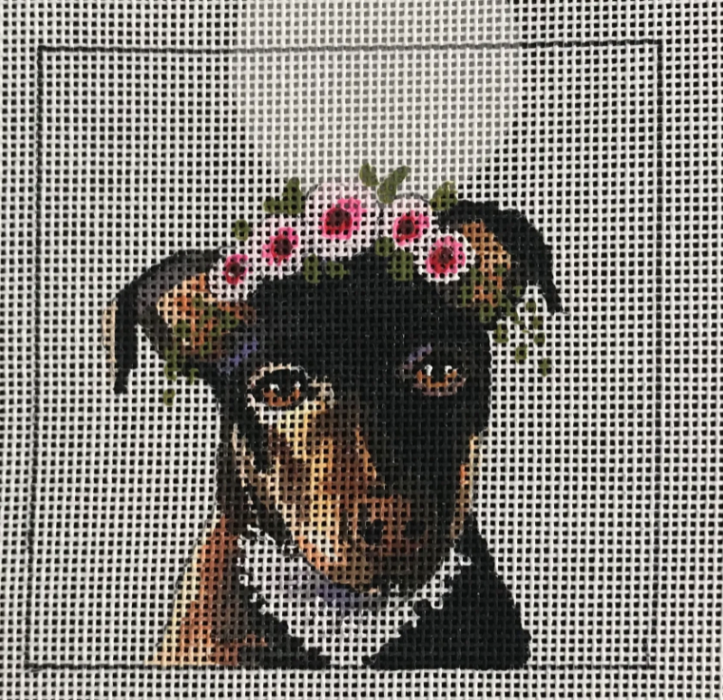 IN086 Black and Tan Terrier with Floral Crown