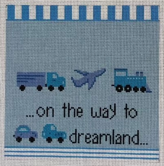 Patti Mann blue needlepoint canvas for a baby sleeping sign that says "...on the way to dreamland" with vehicles (semi truck, plane, train, and cars). The top portion is blank to allow you to add a name