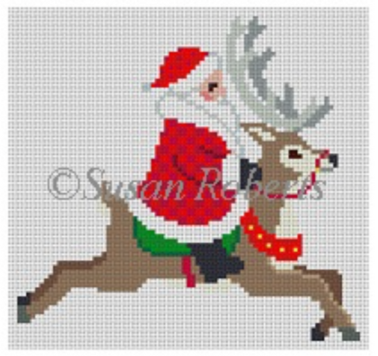 Susan Roberts needlepoint canvas of a Santa wearing traditional red with white trim riding a reindeer