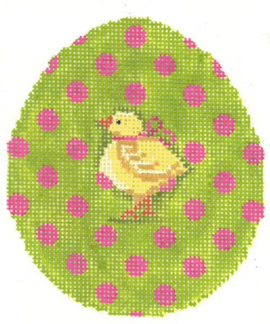 Kelly Clark and Colonial Needle needlepoint canvas of a lime green easter egg with fuchsia pink polka dots and a baby chick