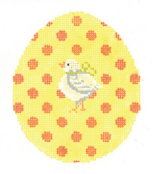 Kelly Clark and Colonial Needle needlepoint canvas of a yellow easter egg with orange polka dots and a baby chick