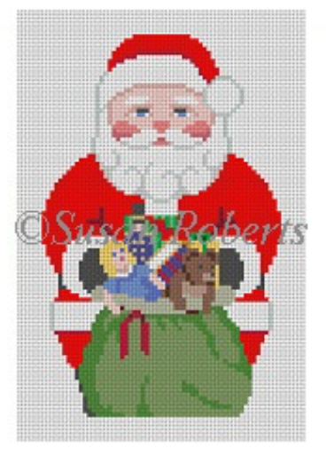 Susan Roberts needlepoint canvas of a Santa in traditional red holding a toy bag in front of him with presents including a doll and a teddy bear