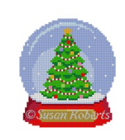 Susan Roberts ornament-sized needlepoint canvas of a snow globe with a red base and gold plaque (perfect place for a name or date!) with a christmas tree inside decorated with ornaments and a red and white garland
