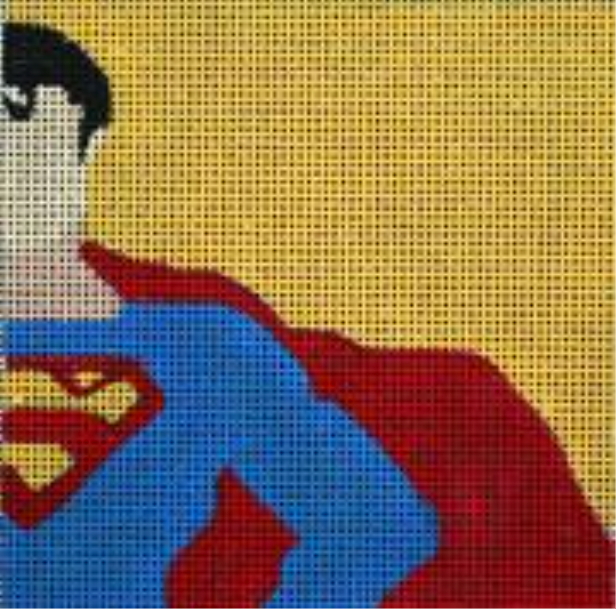Melissa Prince movie coaster needlepoint canvas of superman in his costume with the S logo and red cape on a yellow background (not to be confused with Clark Kent!)