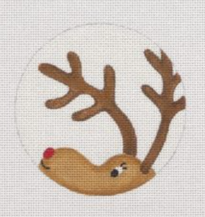Pepperberry round ornament-sized needlepoint canvas of Rudolph the reindeer peeking up into the frame (you can only see part of his head at the bottom)