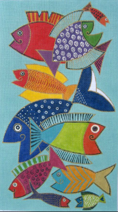 Laurel Burch for Danji Designs needlepoint canvas of a group of brightly-colored folk art-style fish