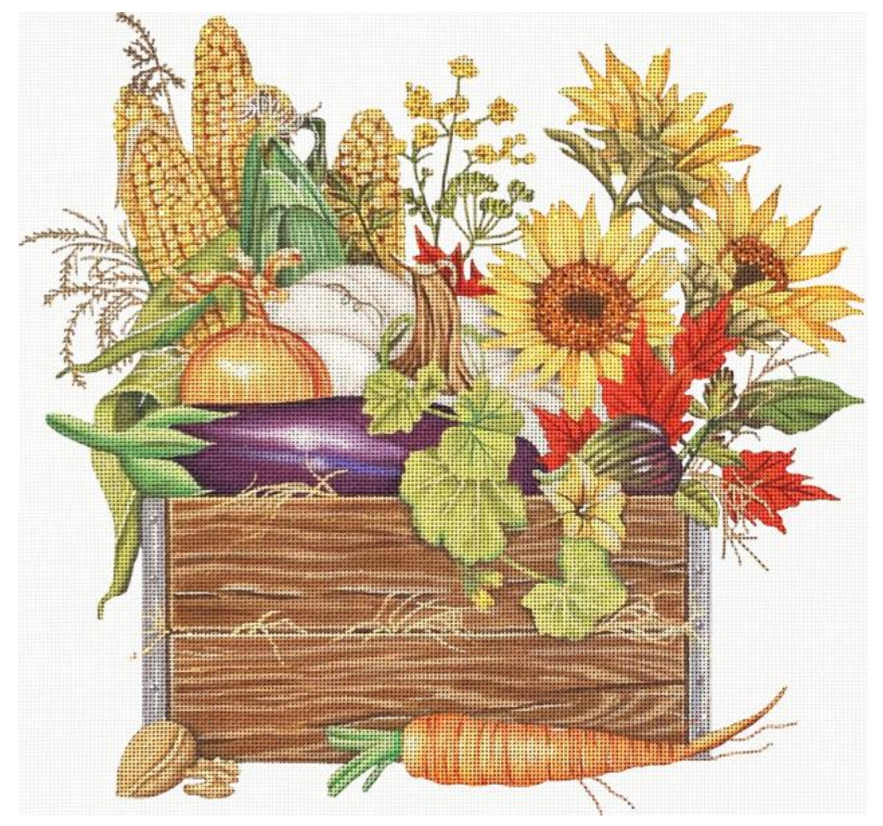 Mary Lake Thompson for Melissa Shirley needlepoint canvas of a wooden crate/box filled with vegetables and sunflowers (corn, onions, eggplant, a fig and a pumpkin). There is a carrot and a walnut on the ground in front of the crate