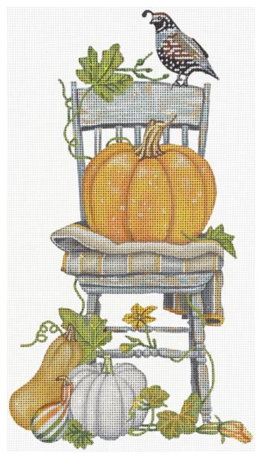 Mary Lake Thompson for Melissa Shirley fall needlepoint canvas of a wooden chair with a pumpkin on it and a quail sitting on the top of the chair. There are also pumpkins and gourds on the ground in front and some vines wrapping around the chair