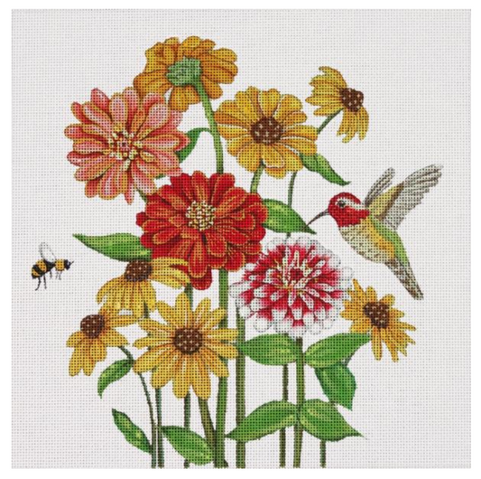 Mary Lake Thompson for Melissa Shirley needlepoint canvas of flowers with a hummingbird and a bumblebee. The flowers are different varieties of daisy.
