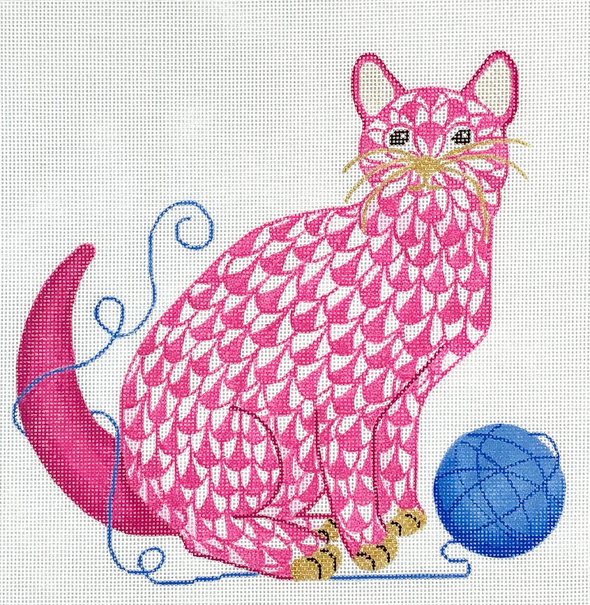 PL-513 Herend-Inspired Fishnet Cat with Yarn - Pink