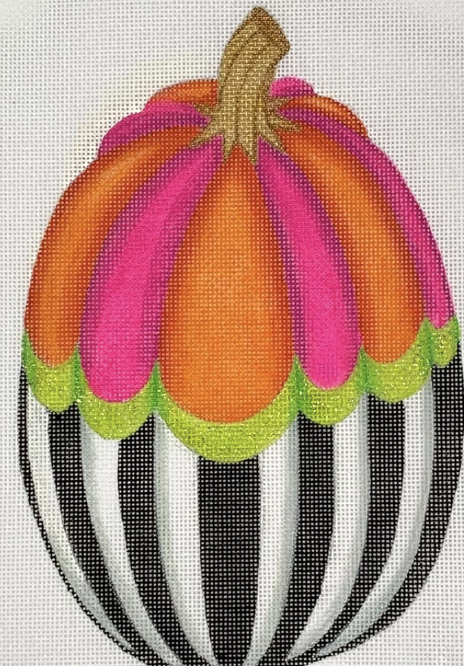 Kate Dickerson needlepoint canvas of a shaped standup pumpkin (part of her funky pumpkin series) with a black and white striped bottom and an orange and hot pink striped top separated by a lime green scalloped stripe in the middle