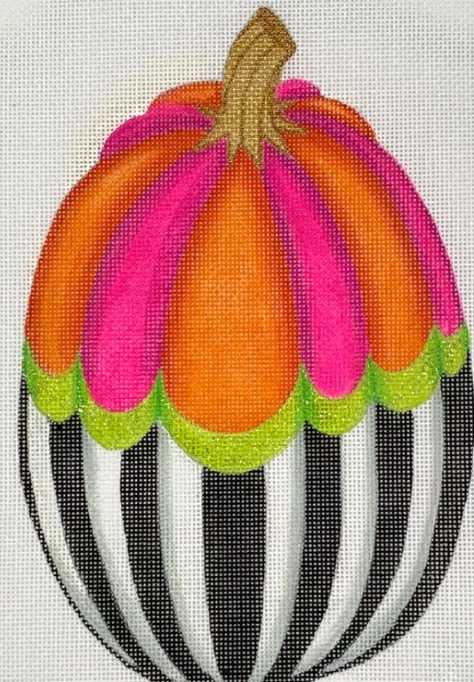 Kate Dickerson needlepoint canvas of a shaped standup pumpkin (part of her funky pumpkin series) with a black and white striped bottom and an orange and hot pink striped top separated by a lime green scalloped stripe in the middle