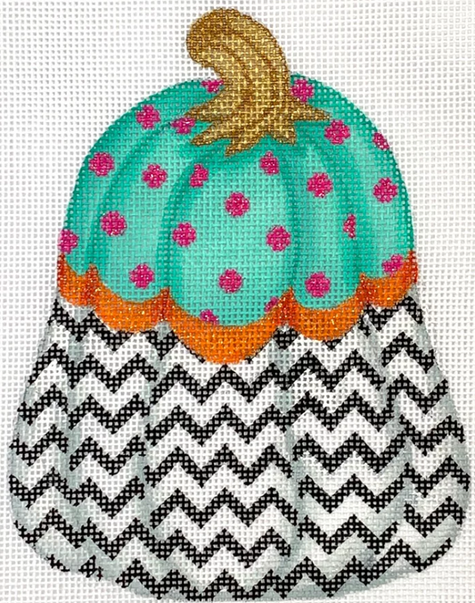 Kate Dickerson needlepoint canvas of a shaped standup pumpkin (part of her funky pumpkin series) that is tall with turquoise and pink polka dots at the top, black and white zig zags at the bottom, and an orange scalloped horizontal stripe separating the two sections