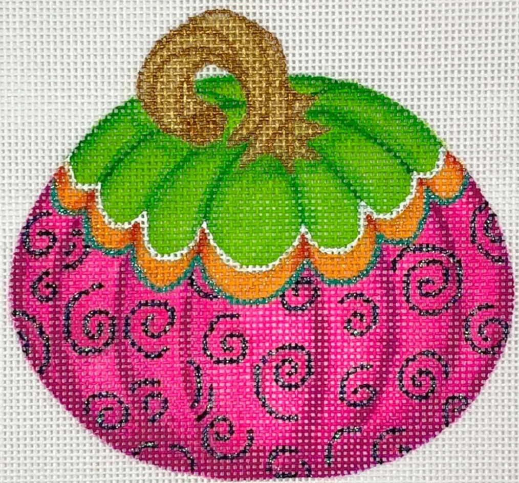 Kate Dickerson needlepoint of a shaped standup pumpkin (part of her funky pumpkin series) with a lime green top and a hot pink bottom with black swirls divided by an orange scalloped stripe