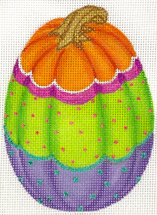 Kate Dickerson needlepoint canvas of a shaped standup pumpkin (part of her funky pumpkin series) with three horizontal sections divided by scalloped stripes - purple with turquoise polka dots, lime green with hot pink polka dots, and solid orange