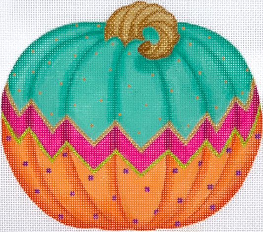 Kate Dickerson needlepoint canvas of a shaped standup pumpkin (part of her funky pumpkin series) with a turquoise top, orange bottom, and a hot pink zig zag through the middle