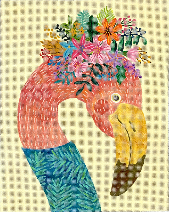 Mia Charro for Kate Dickerson needlepoint canvas of a flamingo with a floral crown on a pale yellow background